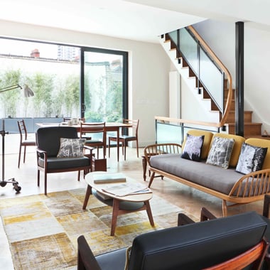 yellow patchwork rug in living room